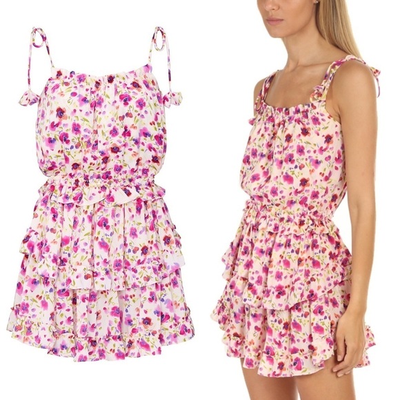 MISA LOS ANGELES Floral Sleeveless Tie Strap Smocked Ruffle Tier Mini Dress‎ L - Picture 9 of 10